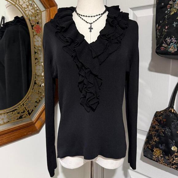 VTG Y2K Items by Michelle Nicole Black Ribbed Ruffle Collar Glam Goth Top L - Picture 3 of 8